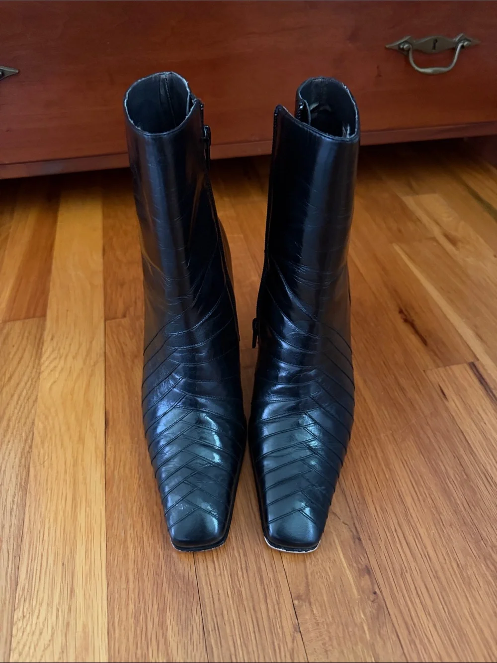 Ann Marino Black Leather Square-Toe Ankle Booties